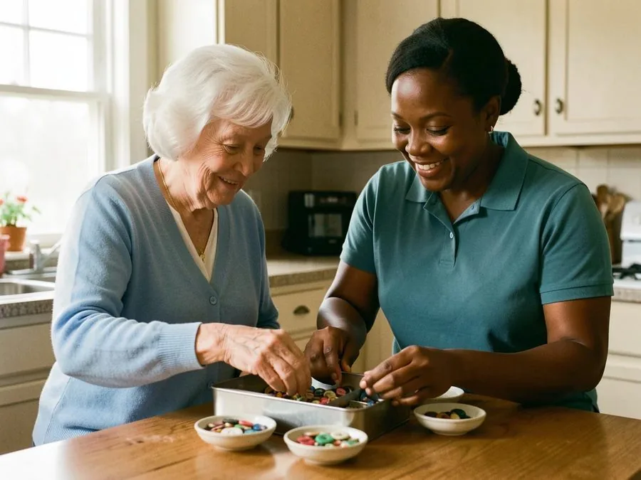A caregiver and a white-haired senior woman sorting buttons from a tin at a kitchen table