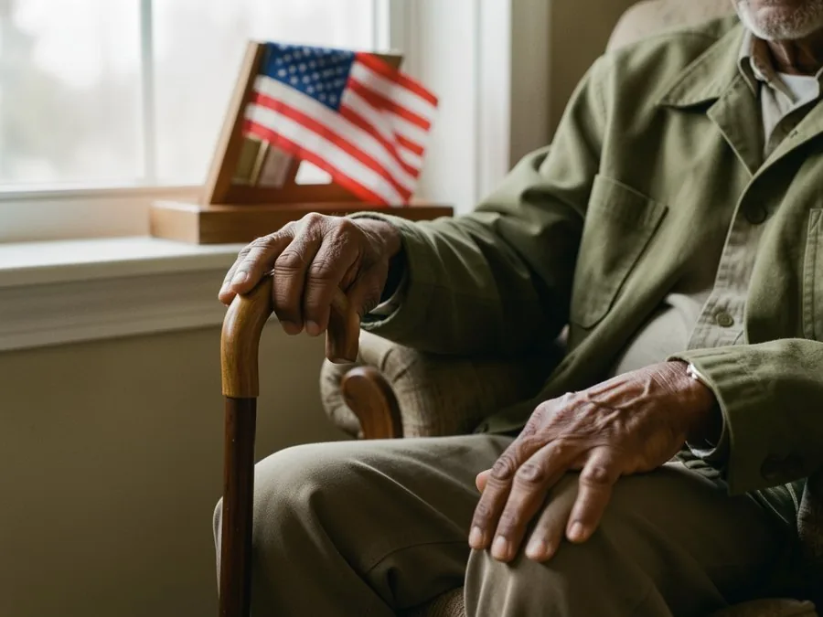 A veteran's weathered hands resting on a wooden cane, a folded flag in a triangle case on the windowsill behind