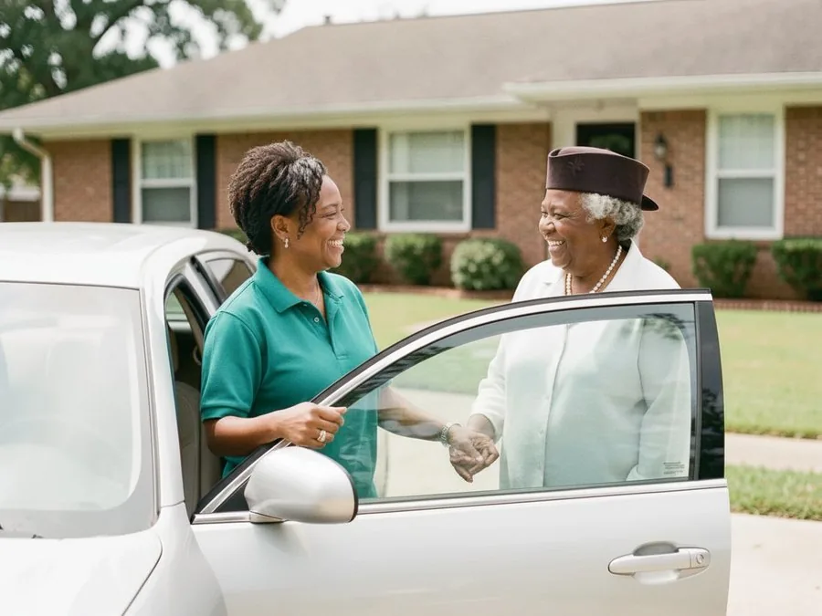 A caregiver holding the car door open for a senior woman in a church hat outside a brick home