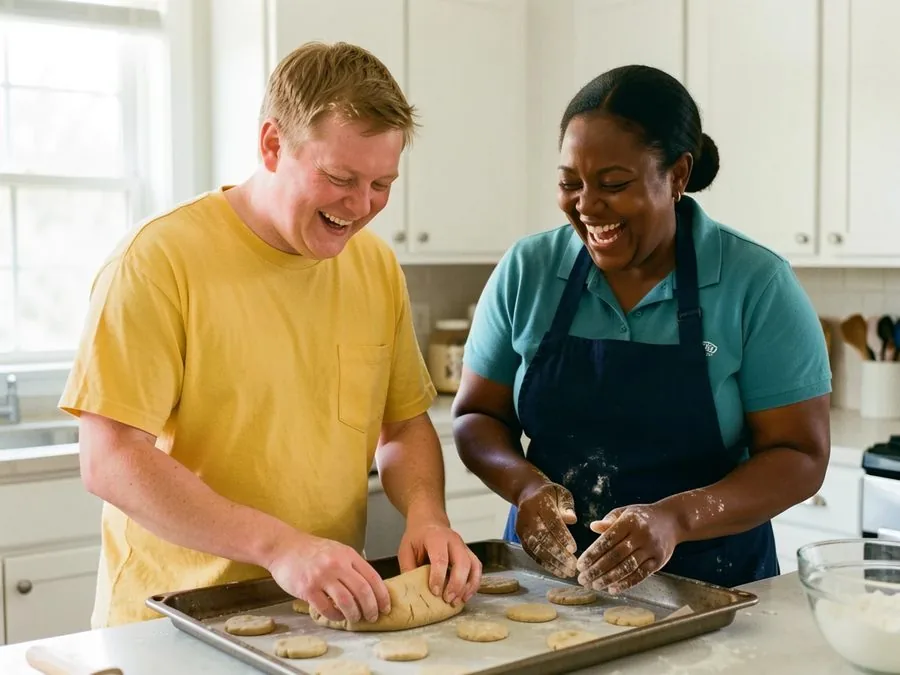 A young man and his caregiver laughing as they press cookie dough onto a baking sheet
