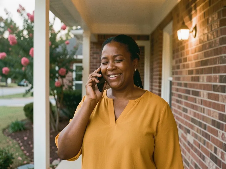 A woman on a brick front porch smiling as she talks on her phone, a crape myrtle in bloom beside the house