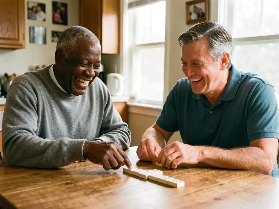 A senior man and his caregiver smiling over a game of dominoes at a kitchen table