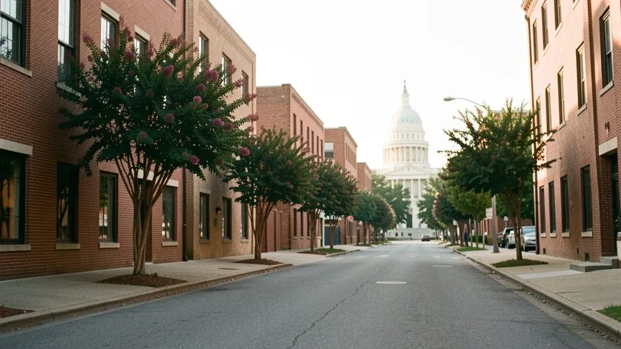 A downtown Jackson street lined with brick buildings and flowering trees, the Capitol dome at the far end