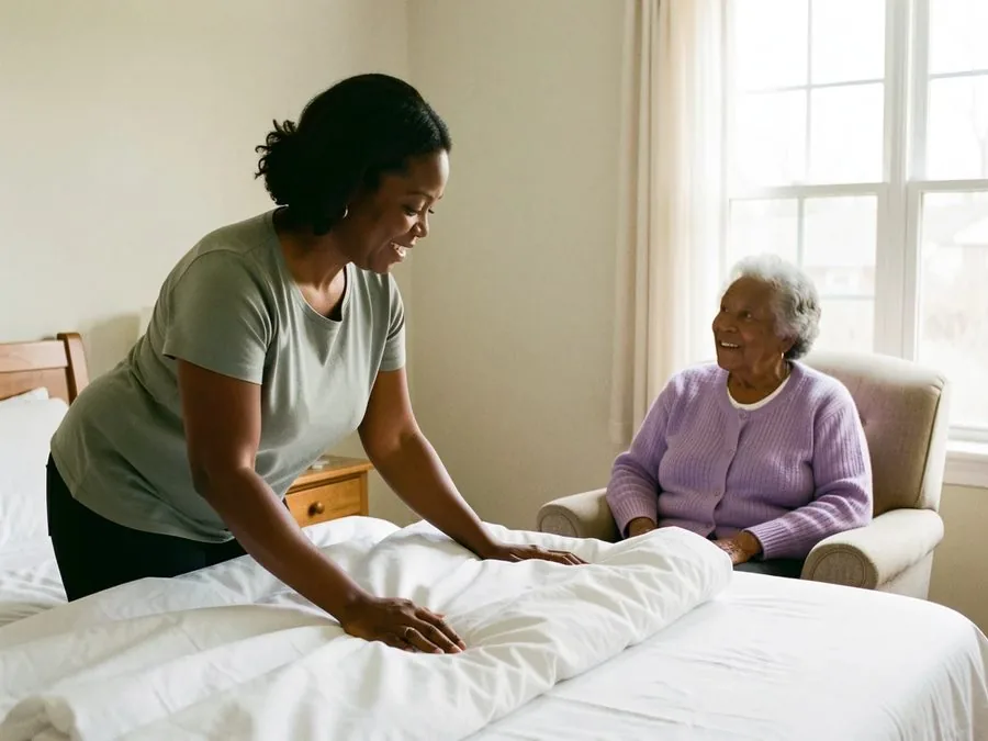 A caregiver smoothing fresh sheets on a bed while a senior woman watches from an armchair by the window