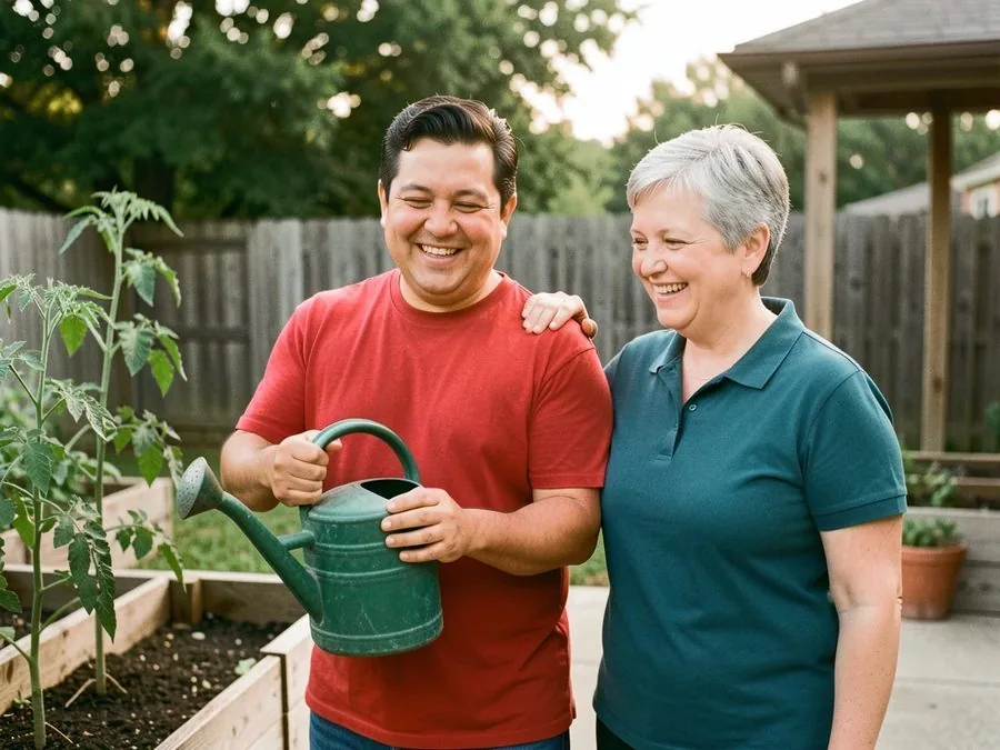 A young man watering tomato plants on a back patio while his caregiver stands beside him