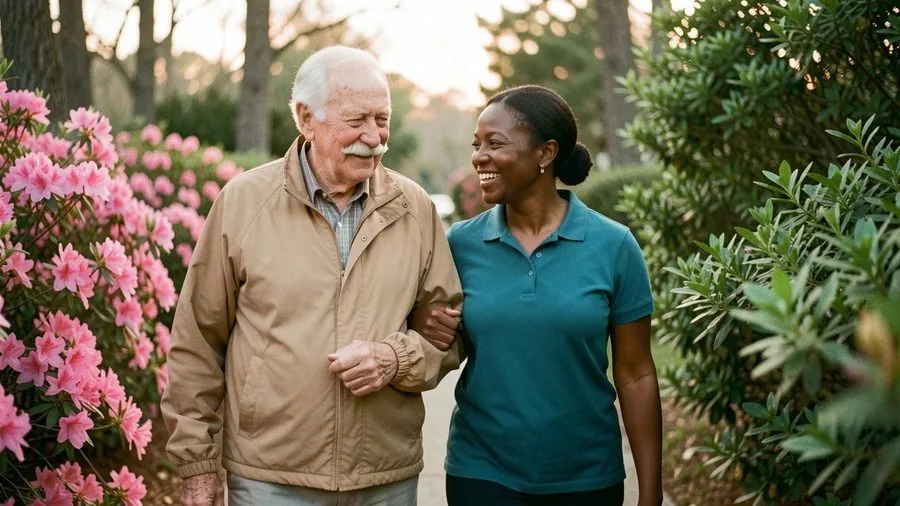 A senior man and his caregiver walking arm in arm past a bank of pink azaleas