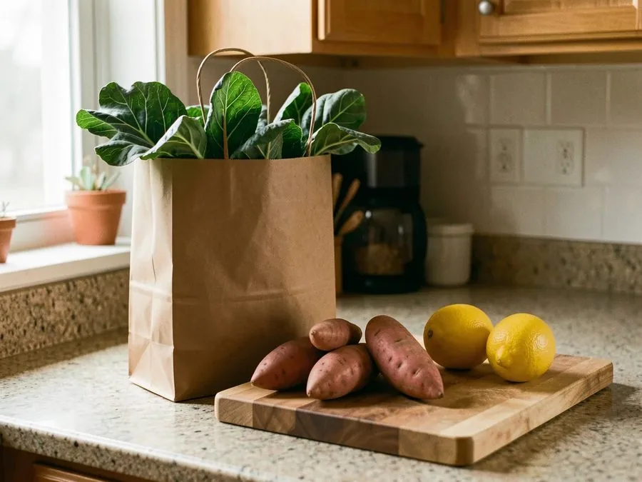 A paper grocery bag of leafy greens beside sweet potatoes and lemons on a kitchen counter