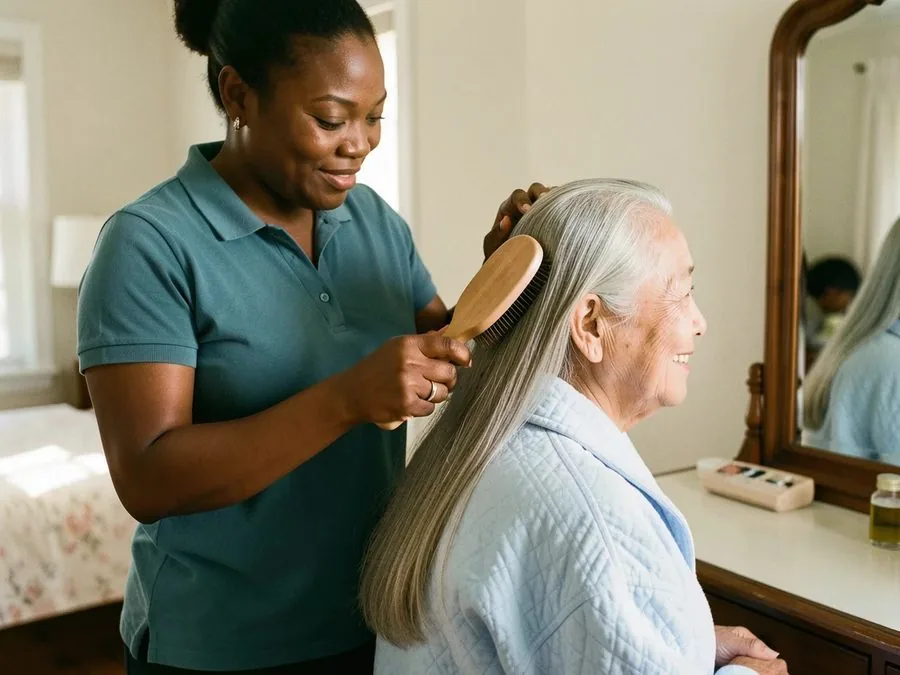A caregiver brushing a smiling senior woman's long gray hair in front of a dressing-table mirror