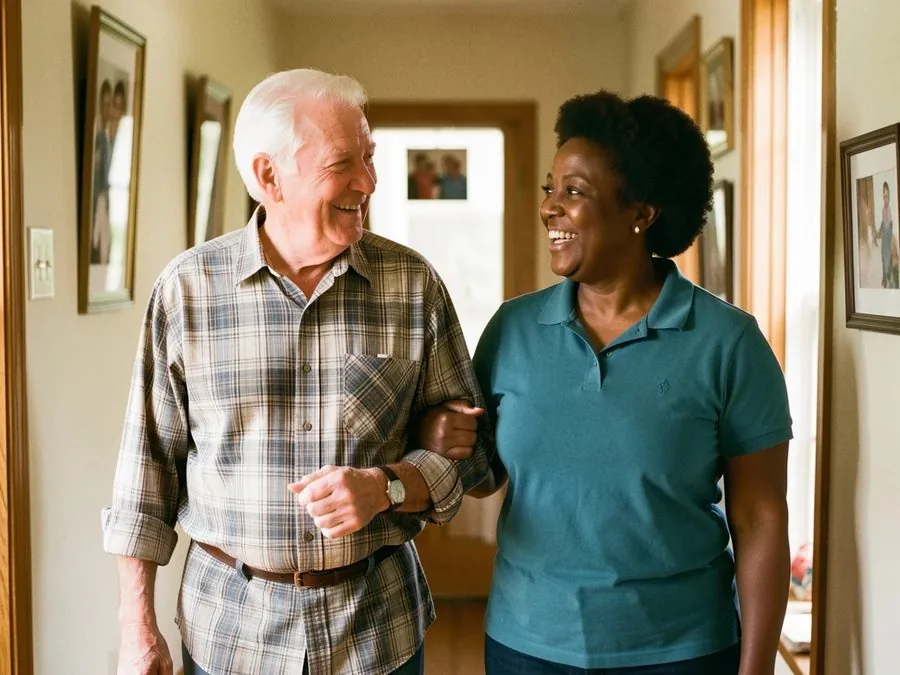 A caregiver in a teal polo walking arm in arm with an older man down a hallway hung with family photographs, both of them laughing
