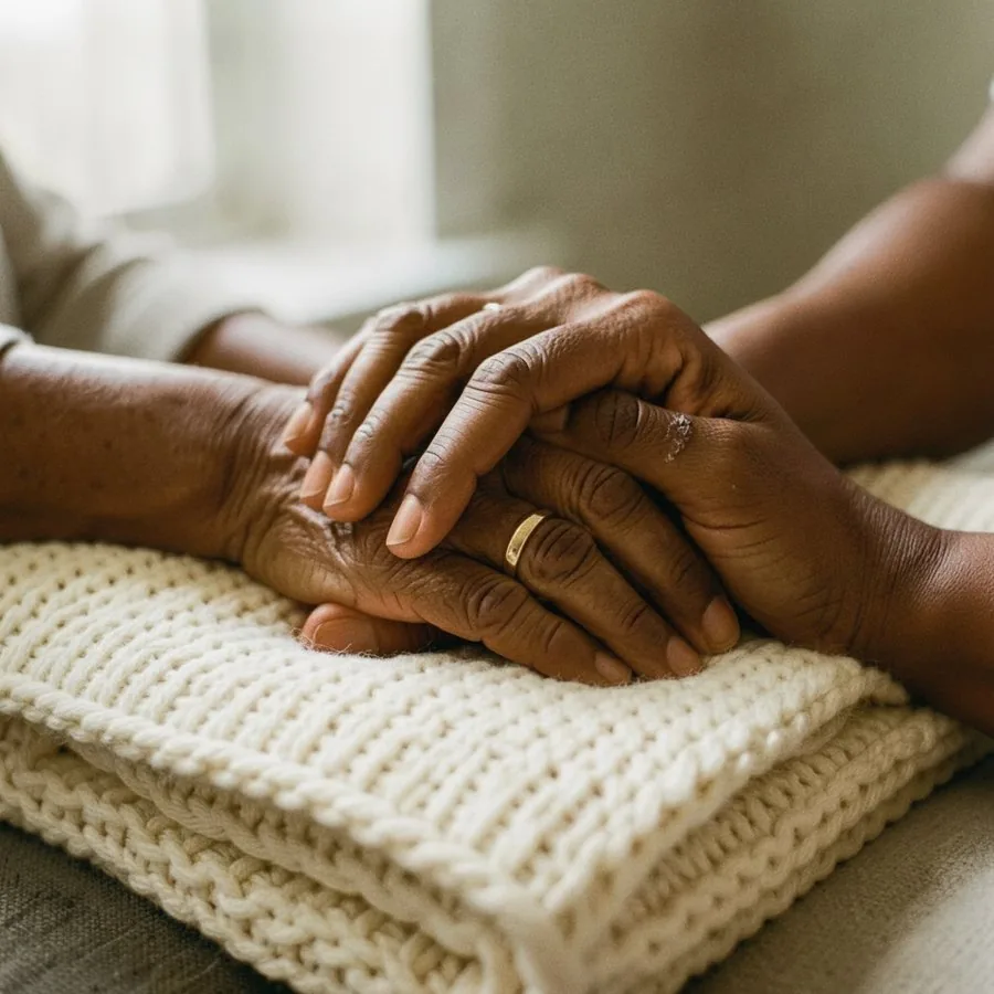 An older person's hands held by a caregiver