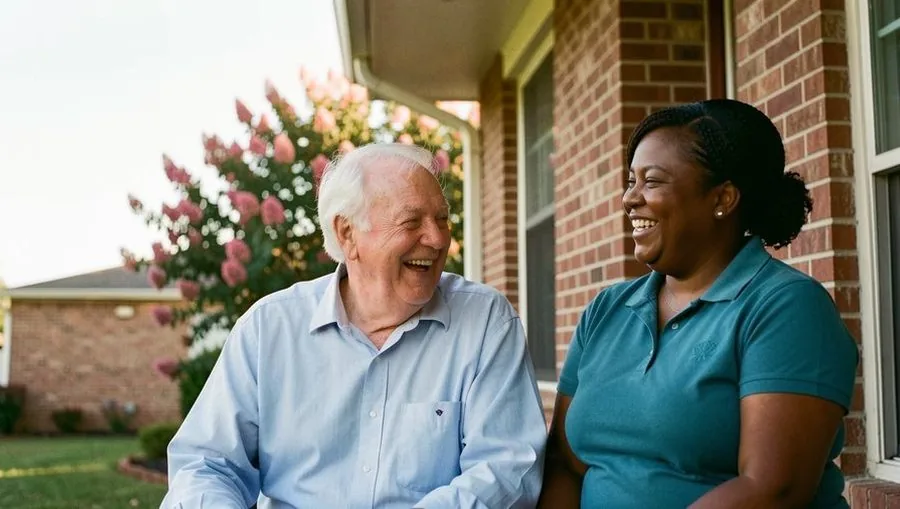 An older man and his caregiver laughing together on a front porch