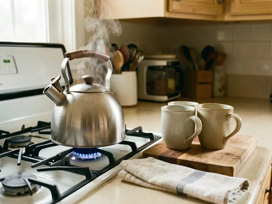 A steaming kettle on a gas stove beside two stoneware mugs set out on a cutting board