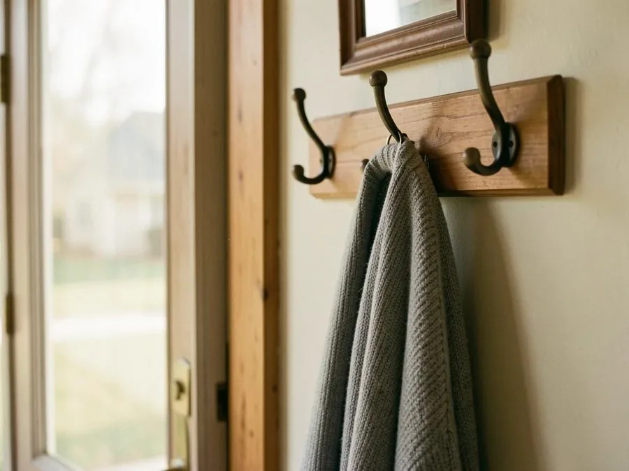 A gray knit sweater hanging from a wooden coat rack beside a front door with a view of the yard