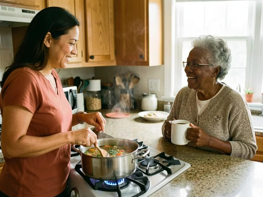 A caregiver stirring a pot of vegetable soup at the stove while a senior woman chats over a mug of tea
