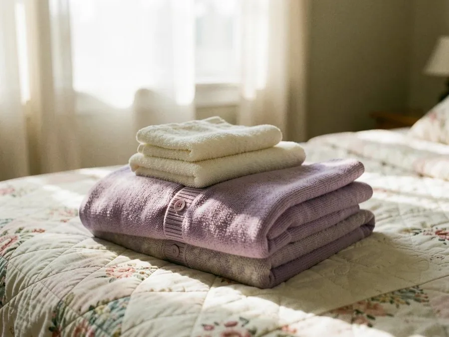 A folded lilac cardigan and two white washcloths stacked on a quilted bedspread in the sun
