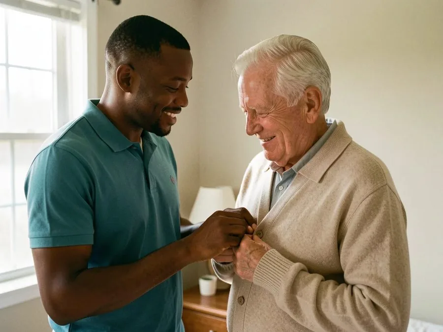 A caregiver helping a smiling senior man button his cardigan by a bright bedroom window