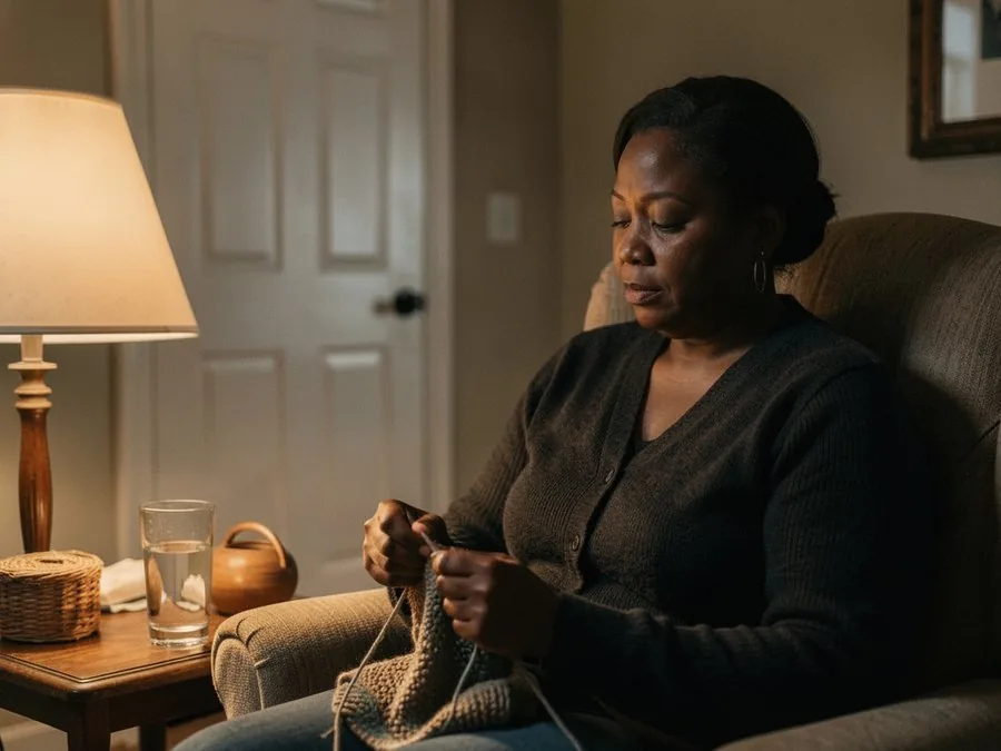 A caregiver knitting in an armchair by lamplight at night