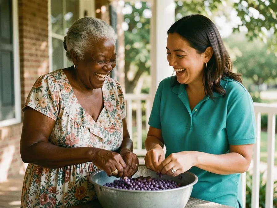 A senior woman in a floral dress and her caregiver laughing over a bowl of purple berries on a porch