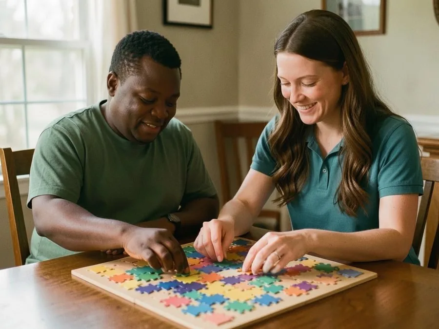 A young man and his caregiver smiling over a bright jigsaw puzzle at a dining table