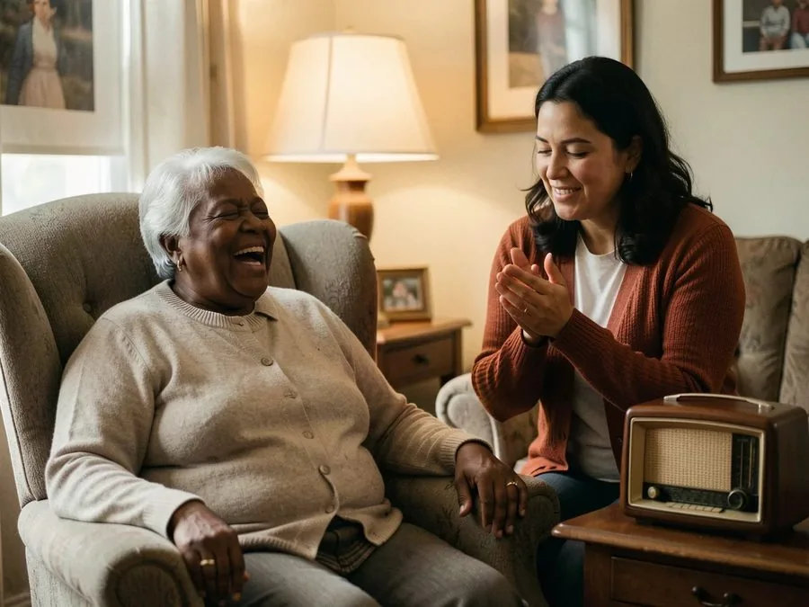 A senior woman laughing in an armchair while her caregiver claps along to a song on an old radio