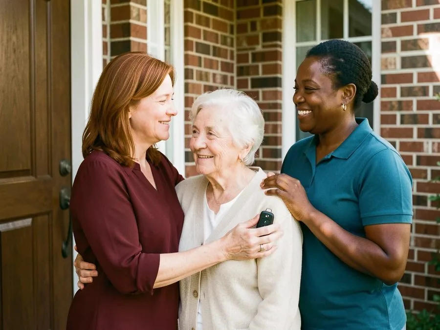 A woman hugging her mother goodbye at the front door while a caregiver stands beside them
