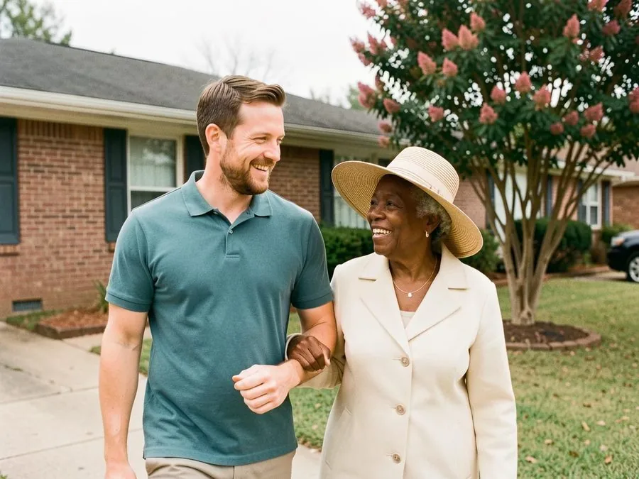 A senior woman in a sun hat and cream coat walking arm in arm with her caregiver on a neighborhood sidewalk