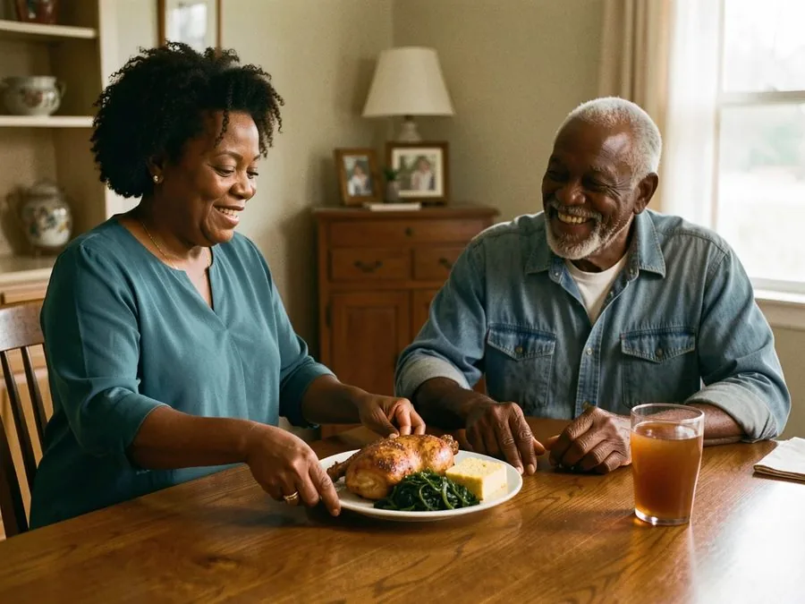 A caregiver setting a plate of baked chicken, greens and cornbread in front of a smiling senior man