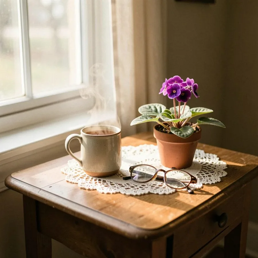 A steaming mug, a pair of reading glasses and an African violet on a sunlit side table
