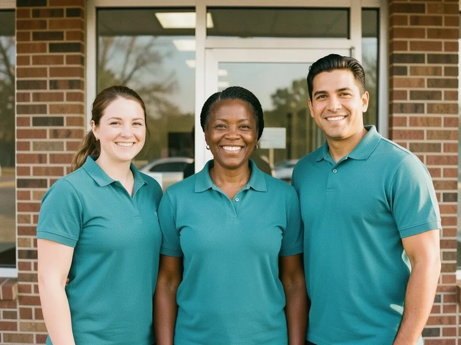 Caregivers in teal polo shirts outside an office