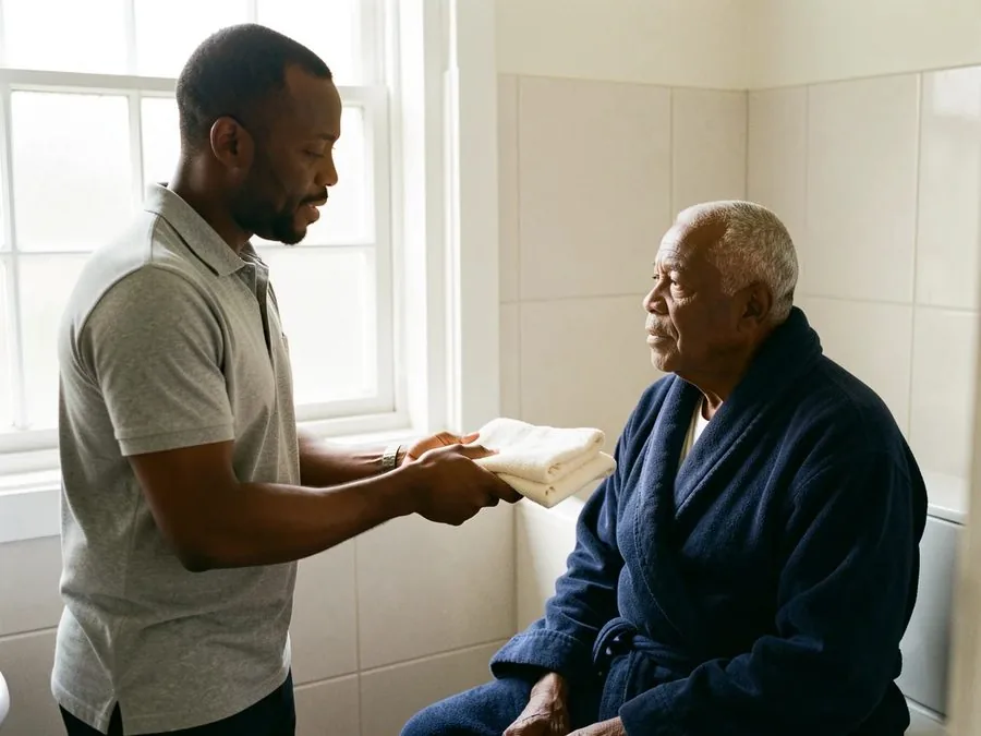 A male caregiver handing a folded towel to a senior man seated in a bathrobe in a tiled bathroom