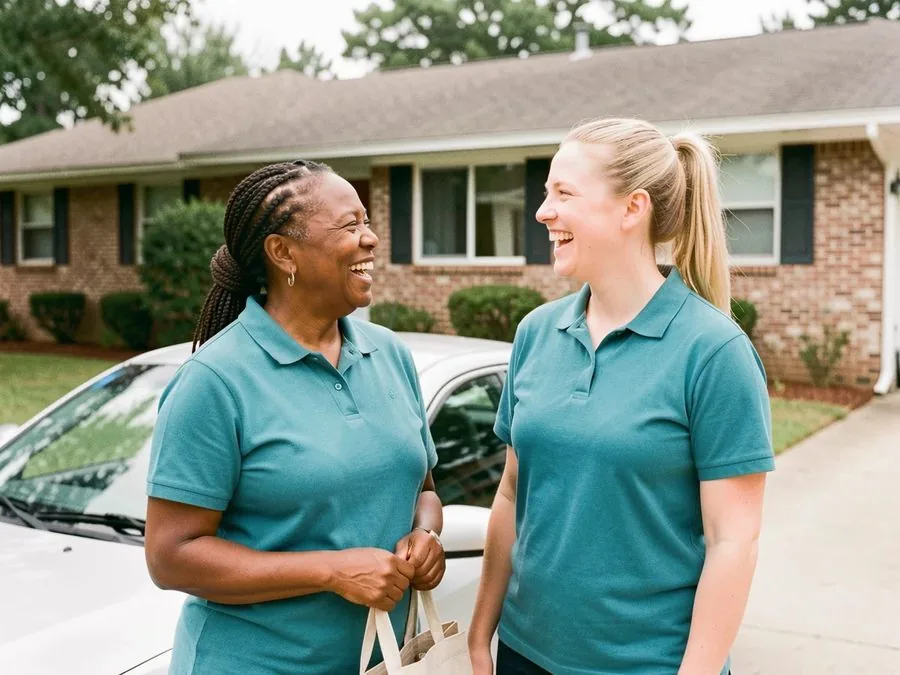 Two caregivers in teal polo shirts sharing a laugh beside a car in a driveway
