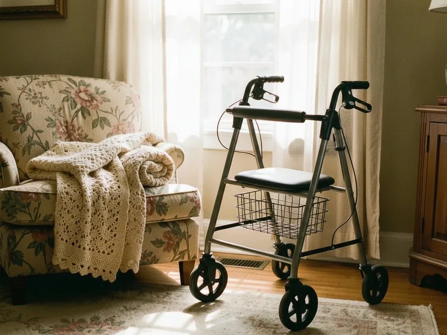 A rolling walker parked beside a floral armchair with a crocheted blanket, the floor around it clear