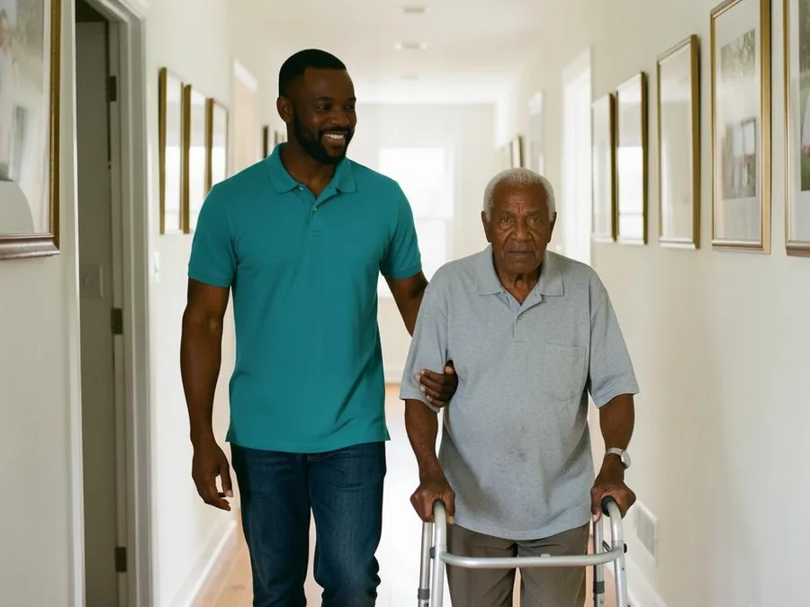 A caregiver walking beside a senior man using a walker down a hallway lined with framed photos