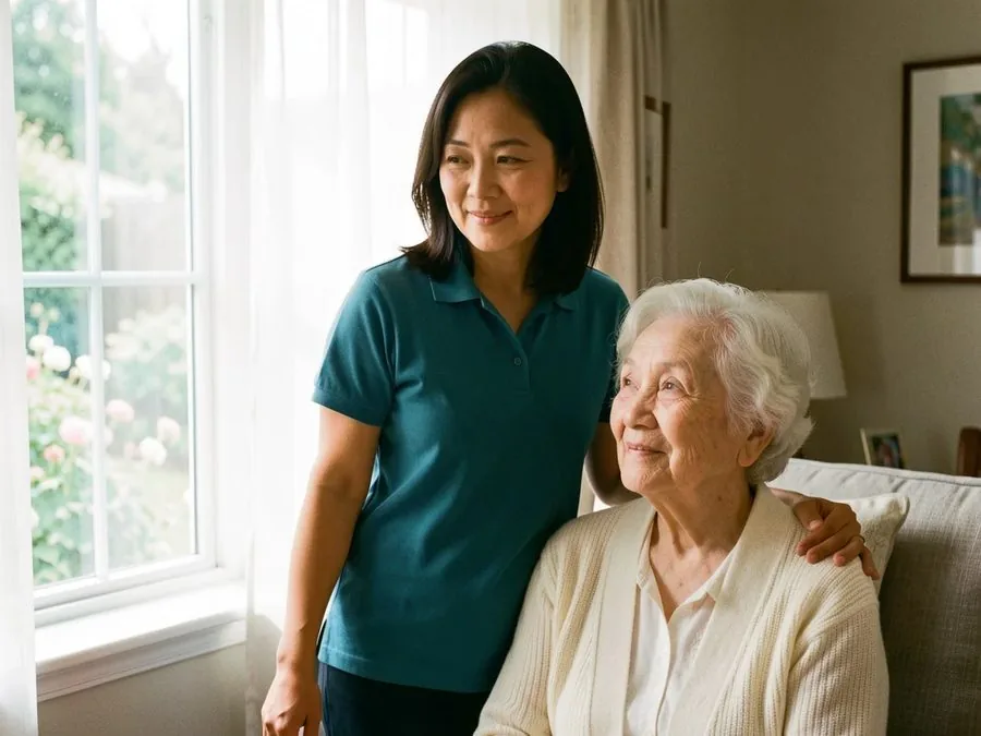 A caregiver resting a hand on a seated senior woman's shoulder in a bright room by a window